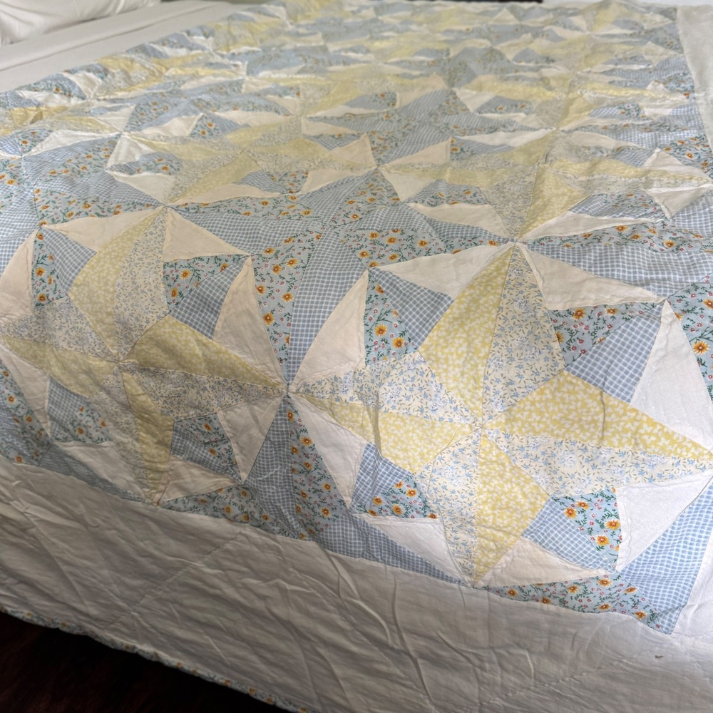Handmade Vintage Star Patchwork Quilt Blue Gingham Floral Cottagecore 84x96